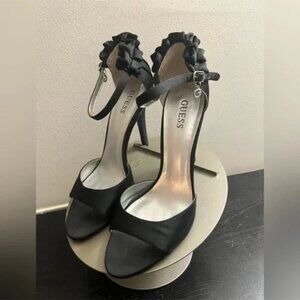 Womens GUESS Charmer Ruffles Stiletto Heels Dress Sandals Black Satin 9.5 M